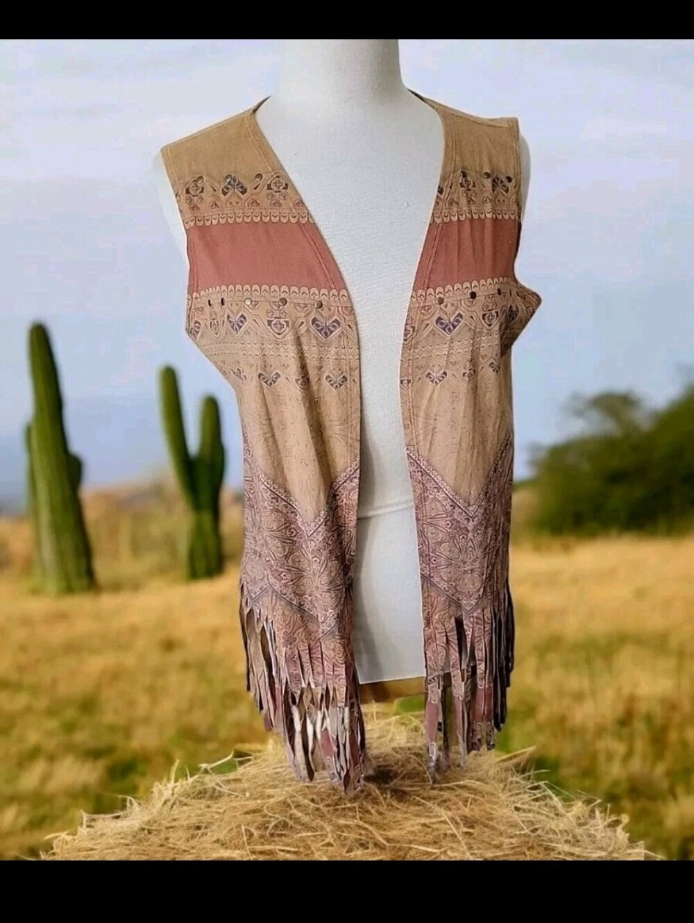 Reba Taupe and Dusty Rose Layered Fringe Boho Vest Festival Indie Western